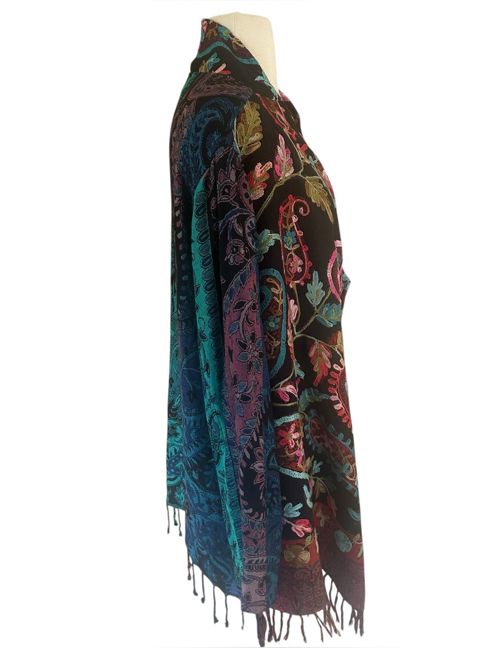 Soft Surroundings Kimono Cardigan M Floral Embroidered Fringe Duster Topper Boho - Picture 3 of 8